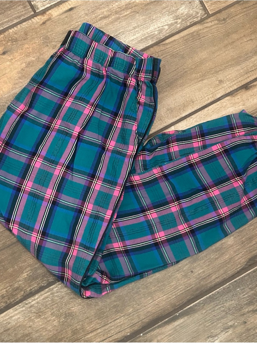 Plaid Elastic-Waist Pants in Teal and Pink